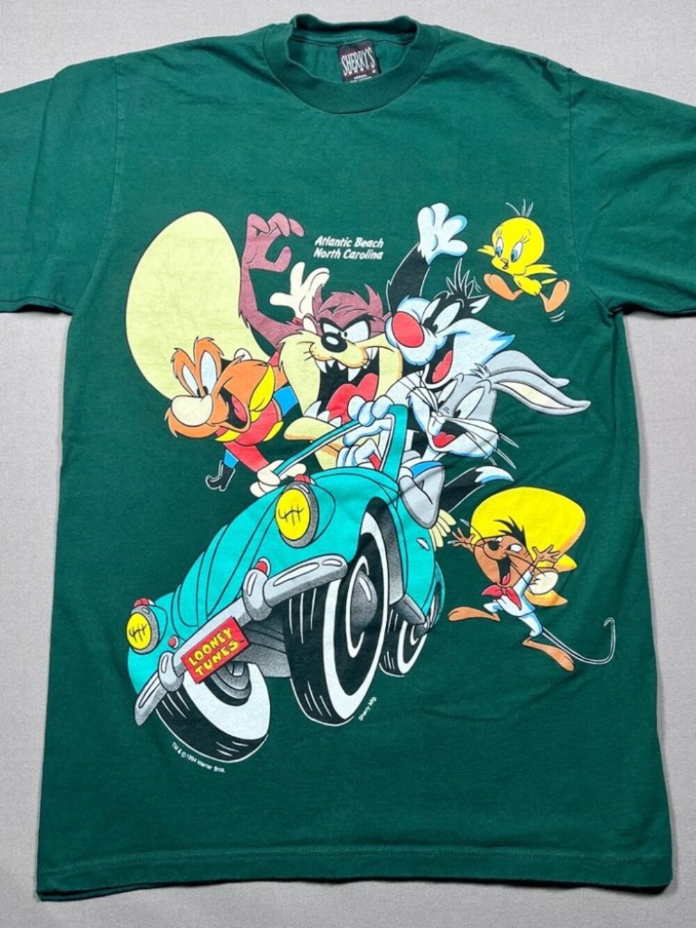 Vintage 1994 Looney Tunes Sherry's Best Label Green Atlantic Beach T-Shirt